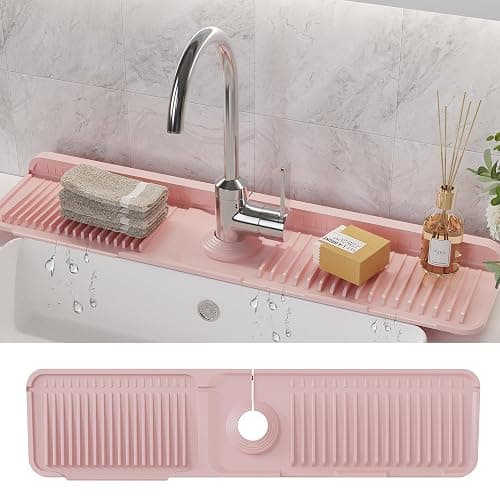 WAFT YEARN 24X5 Inch Silicone Durable Faucet Mat Kitchen Sink Splash Guard Draining Protector Tray Liner Absorbent Protective Counter Accessories For Sink Kitchen Bathroom Laundry Room Bar & RV Pink - Image 1