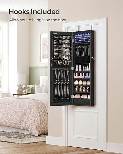SONGMICS Hanging Jewelry Cabinet, Wall-Mounted Cabinet with LED Interior Lights, Door-Mounted Jewelry Organizer, Full-Length Mirror, Christmas Gift Idea, Ink Black UJJC099B01 thumbnail 7