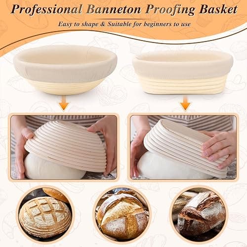 Banneton Basket Set of 2, 10" Oval & 9.7" Round Banneton Bread Proofing Basket with Liners, Bread Lame, Silicone Baking Mat, Danish Whisk, Brush, Proofing Bowls Sourdough Starter Kit Tools thumbnail 8