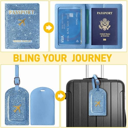 Blue Rhinestone Passport Holder With Luggage Tag Set,luggage Tags For Suitcases,Glitter Passport Cover,Handmade Bling Passport Wallet For Women,Girl Travel Passport Book,Ideal Gift For Travelers thumbnail 3