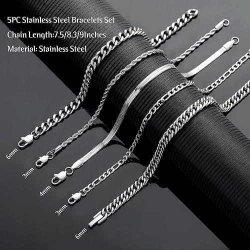 RANKEEF 5PC Chain Bracelet for Men - Stainless Steel Figaro Rope Cuban Link Set 7.5/8.3/9 Inches Mens Silver Bracelet- Gifts for Dad, Husband, Boyfriend thumbnail 4
