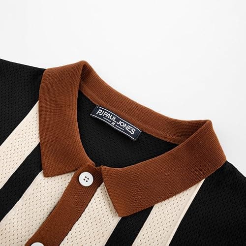 PJ PAUL JONES Mens Polo Shirts Vintage Striped Button Down Knitted Golf Shirts thumbnail 6