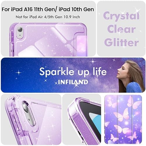 INFILAND Compatible with iPad 10th Generation Case, iPad Case 10th Generation 10.9 Inch, Glitter Leather Cover with Sparkly Crystal Clear Back, Pencil Holder, Anti-Yellowing (Purple Flutter) thumbnail 6