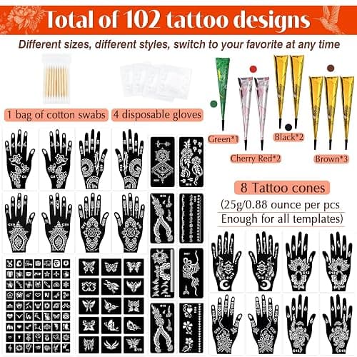 MuseLuxe Temporary Tattoos Stencils Kit,Temporary Tattoos Kit - 8 Pcs 4 Color(Brown,Black,Cherry red,Green), Ink with Gloves,DIY Body Art Painting for Women Men Adults Kids thumbnail 2
