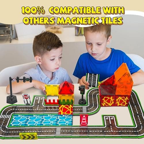 Magnetic Tiles Road Set with Pullback Car & Magnet Ship,Traffic Themed Magnetic Building Tiles Set with Traffic Light,STEM Magnet Tile for Kids Ages 3-5 4-8 5-7,Preschool Educational Kids Toys Gifts thumbnail 8