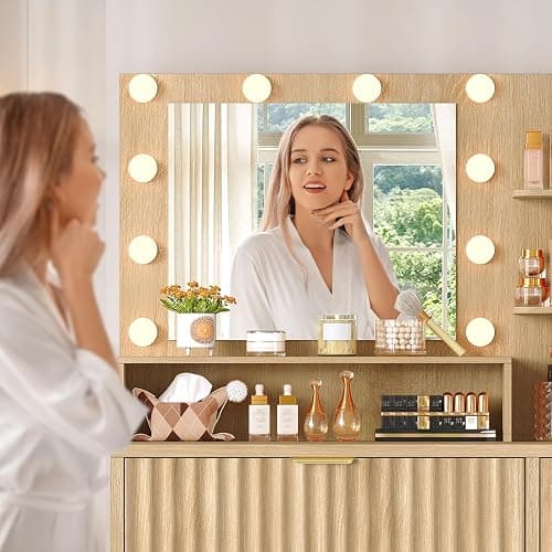 FIONESO Vanity Desk with Mirror and Lights, Makeup Vanity with 5 Drawers & Storage Shelves, 3 Color Modes & Adjustable Brightness, Fluted Vanity for Girls, Natural thumbnail 6