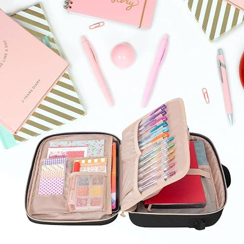 Teamoy Journal Supplies Storage Case, Journal Supplies Holder with Detachable Pen Slots, Travel Organizer Holder for B5 Notebooks, Planner, Pens, Journal Supplies and Accessories, Black Quilted thumbnail 2