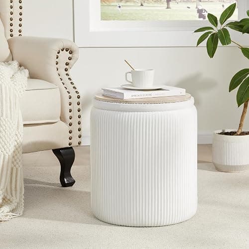 Royal Windsor Round Ottoman with Storage Set of 2,Vanity Stool with Storage for Bedroom, Ottoman Coffee Table,Small Velvet Foot Stool for Living Room, White thumbnail 2