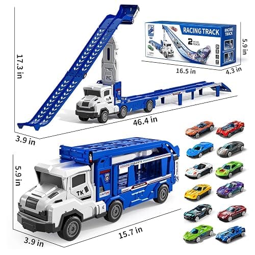 Transport Truck Toys for 3 4 5 6 7 Years Old Boys,Toys Cars Track Set Transporter Trucks with 12 Die-Cast Car Toys 2 Race catapults Dual-Track Model,Toddler Car Toy Set for Kids Boys Girls thumbnail 3
