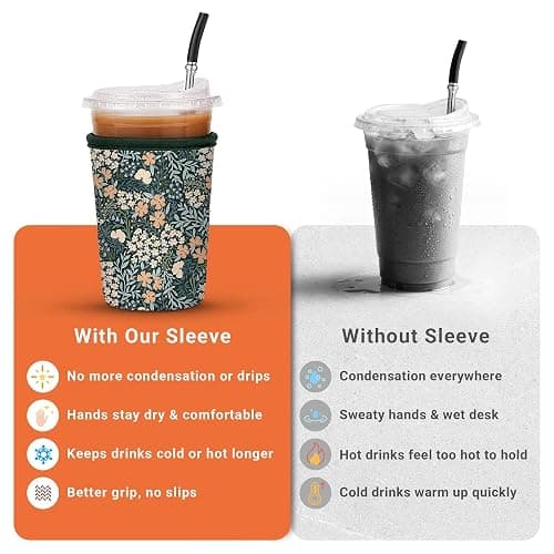Cavllson 3 Pack Reusable Insulated Neoprene Iced Coffee Sleeves & Coffee Cup Holder, Universal Fit 16-32oz Cups for Hot/Cold Beverages - Flower-3 Pack thumbnail 5