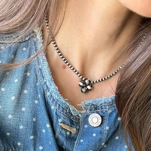 925 Navajo Pearl Style Necklace for Women - Sterling Silver 4 mm Hand Beaded Necklace Southwestern Western Jewelry Handmade in the USA thumbnail 2
