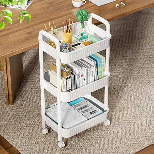 JOYZAN 3 Tier Rolling Carts with Wheels, Utility Cart with Handle and Locking Caster, Storage Cart for Kitchen, Office, Bedroom, Suitable for Diaper, Art Tools, Snack, Craft Storage Cabinet, White thumbnail 4