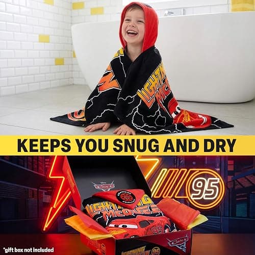 Disney Pixar Cars Bath Towels with Hood for Boys, Ages 2-6, Lightning McQueen Soft and Absorbent Hooded Cotton Beach Towel Wrap, Swimming Pool Poncho, Gifts for Boys (Red/Black Cars) thumbnail 6