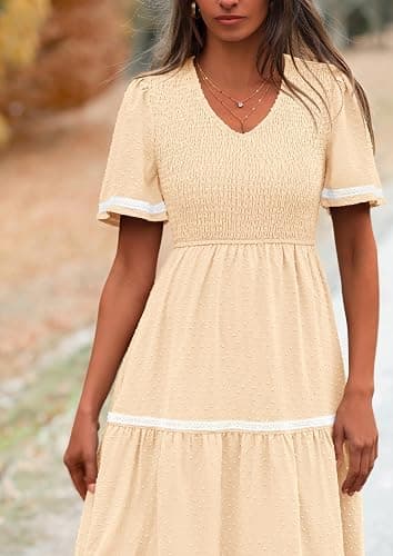 PRETTYGARDEN Women's Casual Summer Maxi Dress Short Sleeve Swiss Dot V Neck Smocked Long Flowy Beach Dresses thumbnail 5