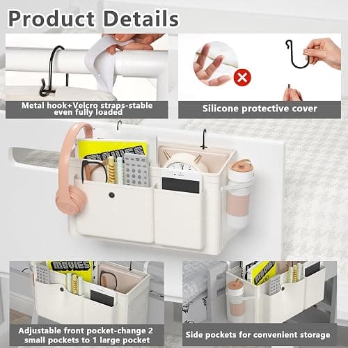 Edudif Bedside Caddy Bedside Organizer with Fixed Straps & Water Bottle Holder, Bunk Bed Caddy ideal for Home, Dorm, Hospital, Crib, Versatile Bedside Storage Solution thumbnail 5