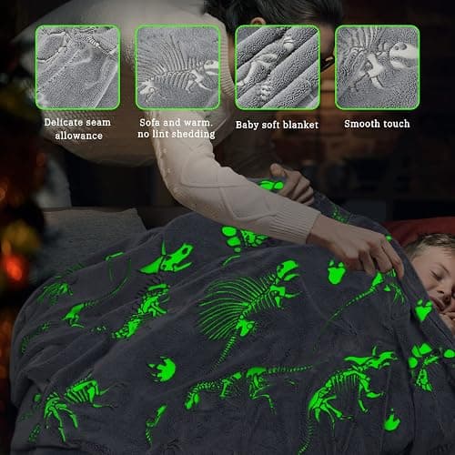 Glow in The Dark Blanket Dinosaur Throw Blanket for Boys Kids Soft Warm Cozy Cute Dino Blanket Unique Dinosaurs Toys Gifts Gray Glowing Dinosaur Room Decor Blankets for Girls Teens 50"x60" thumbnail 4