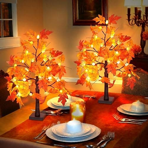 2 Pack 24 Inch Fall Maple Tree with 48LED Thanksgiving Table Decorations Battery Operated Lighted Tabletop Artificial Tree with Pumpkin Acorn Maple Fall Centerpieces Indoor Fall Decorations for Home thumbnail 7