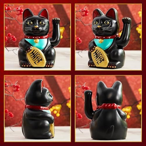 Chunful 6 Inch Lucky Cat Waving Arm Maneki Neko Lucky Beckoning Feng Shui Wealth Cat for Welcoming Fortune Wealth Prosperity Decoration, Battery Not Included(Black Color) thumbnail 3