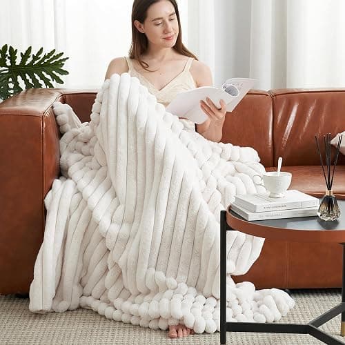 Amélie Home Faux Fur Throw Blanket for Couch, Cozy Fuzzy Fluffy Fur Luxurious Soft Striped Plush Gift Blankets for Family Sofa Chair Bedroom, 55"x70", Ivory thumbnail 2