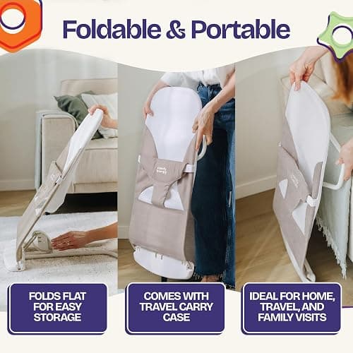 ComfyBumpy Portable Baby Bouncer, Organic Cotton, 3-Position Recline | Breathable Mesh Sides, 8-20 lbs Babies, Foldable Design, 3-Point Harness, Travel Carry Case (Taupe) thumbnail 8