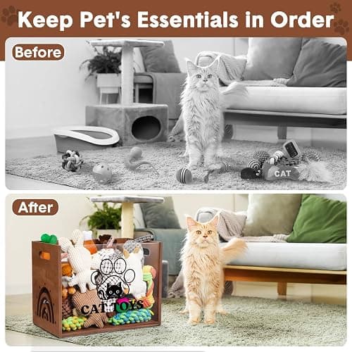 Beeveer Large Cat Toy Basket Cat Toy Box Wooden Storage Bin with Acrylic Board Storage Box for Puppy Toys Pet Food and Accessories Organizer Holder Basket for Living Room Area(Brown, Cat) thumbnail 4