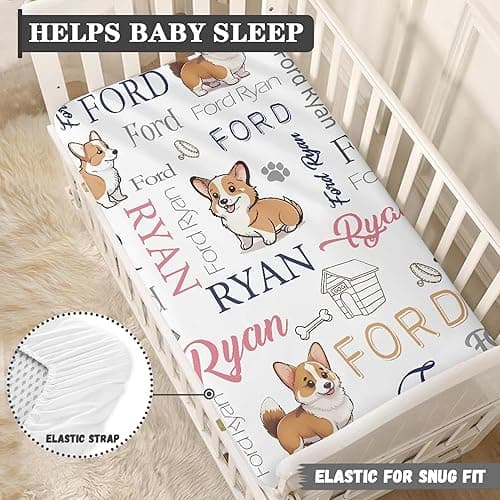 Custom Dog Baby Crib Sheet Personalized Fitted Crib Sheets with Name Mini Pack and Play Sheets Crib Mattress Sheets Perfect for Newborn Baby Boys Girls Nursery Decor thumbnail 6