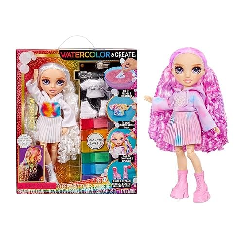 Rainbow High Watercolor & Create Fashion DIY Doll with Washable Watercolors + Tie-Dye Kit, Purple Eyes, Curled Hair, Bonus Top & Shoes. Color, Create, Play, Rinse and Repeat. Creative 4-12+