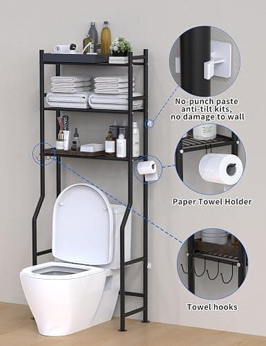 Livilord 3-Tier Over The Toilet Storage, Freestanding Metal Bathroom Shelves with 4 Hooks, Over Toilet Storage Shelf with Paper Holder, Above The Toilet Shelf for Bathroom Storage, Black thumbnail 5