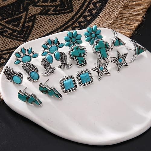 BVGA 9 Pairs Western Turquoise Stud Earrings Vintage Silver Turquoise Cowgirl Boots Lightning Cross Flower Stud Earrings Boho Gemstone Small Geometric Square Star Studs Turquoise Jewelry for Women Girls thumbnail 5