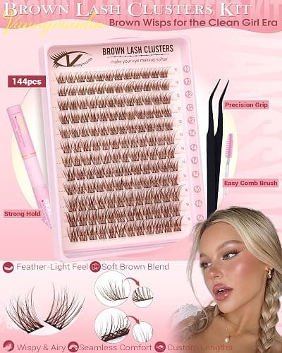 Natural Brown Lash Clusters Kit Wispy Eyelashes Clusters Kit C Curl Cluster Eyelash Extensions 10-16mm Cluster Lashes DIY Eyelash Clusters Waterproof Individual Lashes Extension Kit with Brush thumbnail 3
