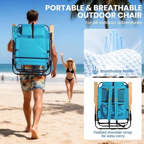 Canpsky 2 Pack Premium 5-Position Reclining Camping Chair - Portable Folding Lightweight Outdoor Chair with Wooden Armrests, Headrest & Pockets, 350lbs Heavy Duty for Beach, Patio, Backyard, Blue thumbnail 6