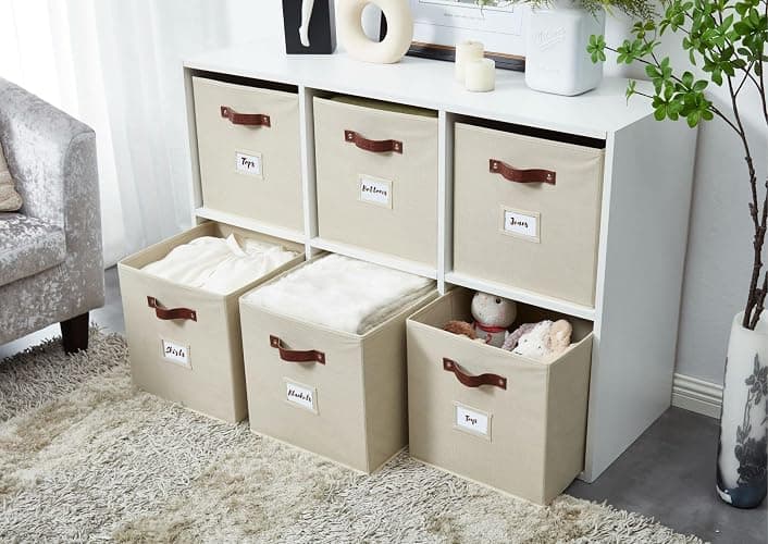 DECOMOMO Cube Storage Bin, Storage Cubes with Labels | 10.5" x 11" Cube, Baskets for Shelves, Kallax Linen Closet Organizers (6pcs, Beige) thumbnail 9