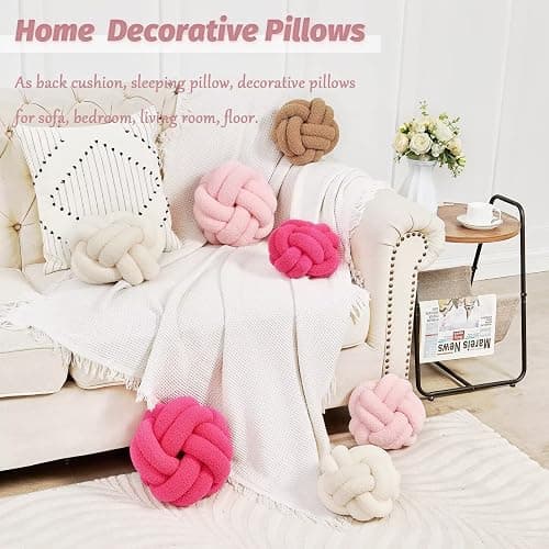 Uvvyui Knot Pillow Ball, Soft Pink Home Decor Knotted Pillows, Handmade Round Plush Throw Pillow, Aesthetic & Cute Large Decorative Pillows for Bed, Floor, Couch, Bedroom Home Decor 8 inches - Pink - Small-8 Inch thumbnail 5