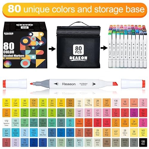 Reaeon Alcohol Art Markers, 80 Colors Fine & Chisel Dual Tip Marker Set, Permanent Art Markers for Adults Sketching Painting Drawing and Coloring(White Barrel) thumbnail 3