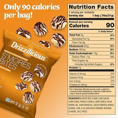 Drizzilicious Mini Rice Cakes S'mores - Rice Crisps, Healthy Snack for Adults and Kids, Flavored Rice Cakes, Vegan, Gluten Free, Allergen Free, Only 90 Calories Per Bag - 0.74 oz (Pack of 10) thumbnail 2