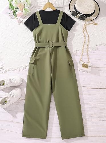 Hilinker Girl's 2 Piece Outfits Overalls Short Sleeve Top and Cargo Jumpsuit Set with Pockets 7-14 Years thumbnail 2