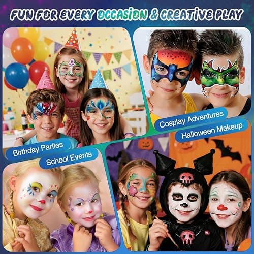 Professional Face Painting Kit for Kids – 42 Color Water-Activated Face Paint Makeup Palette with Stencils, Gems & Brushes – Non-Toxic Body Paint for Parties, Festivals, School Events & Carnival thumbnail 3