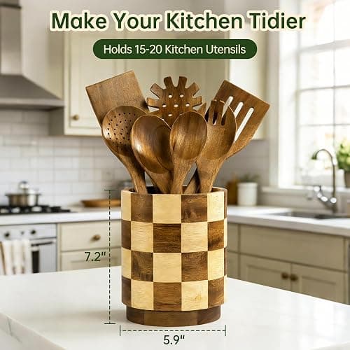 Fyctio Wooden Utensil Holder, 360° Rotating Acacia Wood Kitchen Utensil Holder for Countertop, 7.2" Non-Slip Large Utensil Holder for Kitchen, Farmhouse Countertop Decor, Spatula Holders, Checkered thumbnail 3