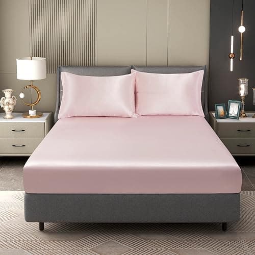 Counfeisly 3 Pieces Satin King Fitted Sheet & Pillowcase Set, Luxury Silky Soft Satin Bed Sheets with 1 Deep Pocket Fitted Sheet - 16" Deep Pocket Sheets, 2 Pillowcases, Blush Pink - Image 1