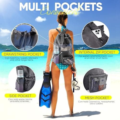 HOHOM Swim Mesh Beach Bag, Waterproof Gym Bags for Women and Men, Large Pool Bag Swimming Gear Drawstring Backpack thumbnail 3