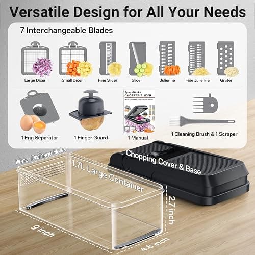 SpaceHacks 12-in-1 Vegetable Chopper, Kitchen Gadgets with 7 Blades, Veggie, Food, Onion Chopper, Cucumber Slicer, Versatile Mandoline, Includes Egg Separator & Finger Guard, Gray thumbnail 2
