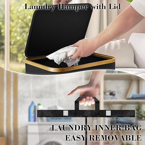Laundry Hamper with Wheels,29 Gal (110L) Laundry Basket with lid Rolling Clothes Hamper Foldable Dirty Clothes Basket on wheels with Bamboo Frame and Bag for Bedroom, Dorm, Laundry Room-Black thumbnail 5
