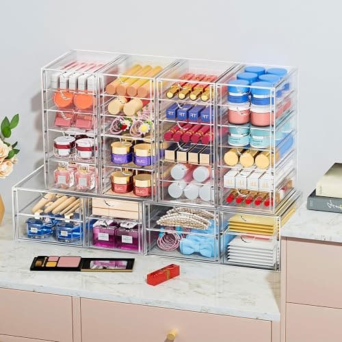 caktraie 2 Pack Desk Organizers, Makeup Organizer Storage with 7 Drawers, Desktop Office Supplies, Clear Desk Accessories, Dustproof Drawer Organizer and Storage for Make Up, Jewelry, Pen thumbnail 2