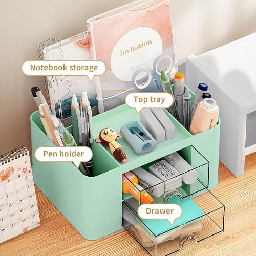 Marbrasse Pen Organizer with 2 Drawer, Multi-Functional Pencil Holder for Desk, Desk Organizers and Accessories with 5 Compartments + Drawer for Office Art Supplies (Green) thumbnail 4