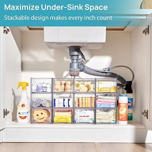 Vtopmart 4 Pack Clear Makeup Organiser, Acrylic Small Stackable Storage Drawers, Plastic Storage Box For Vanity, Bathroom, Under Sink, Kitchen Cupboard, Pantry, Home Organization | Plastic, Suitable for Bathroom, Kitchen and Under Sink for Cosmetics and Snacks, with Non-Slip Mat thumbnail 3