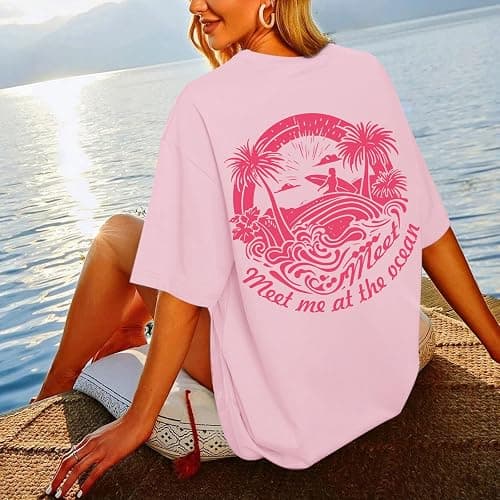 veufcyas Oversized Graphic Tees for Women Hawaiian Beach Palm Tree Shirt Cute Vacation T Shirts Teens Summer Short Sleeve Top thumbnail 2