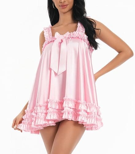 Satini Lingerie Satin Sissy Ruffle Hem Frilly Babydoll Dress Negligee Feminine Cosplay thumbnail 2