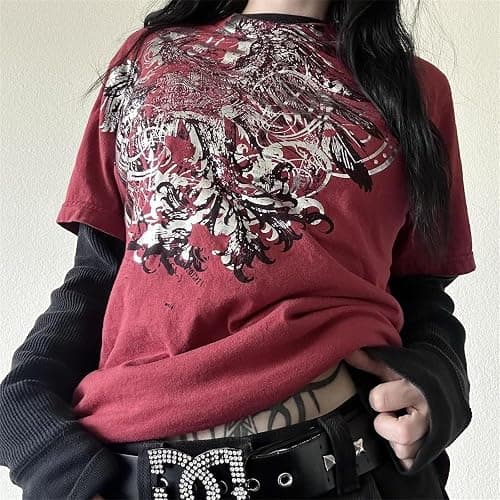Alyweatry Emo Grunge Shirts Women Fake Two-Piece 2000s Graphic Long Sleeve Vintage Y2k Top Teen Goth Alt Clothes thumbnail 2