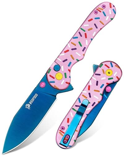 NedFoss DONUT Pink Pocket Knife for Women Men, 2.9" Blade Small EDC Knife, 14C28N Steel Button Lock Knife, Unique Donut Design G10 Handle Folding Knives - Image 1