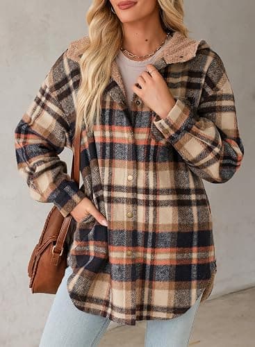 Dokotoo Women's Flannel Hooded Plaid 2025 Shacket Thick Coat Winter Coat for Warmth Button down Warm and Fuzzy Fleece Jacket thumbnail 3